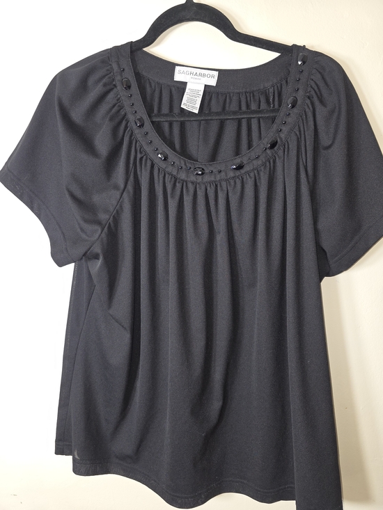 Sag Harbor Tops - Sag Harbor Black Short Sleeve Embellished Scoop Neck Blouse